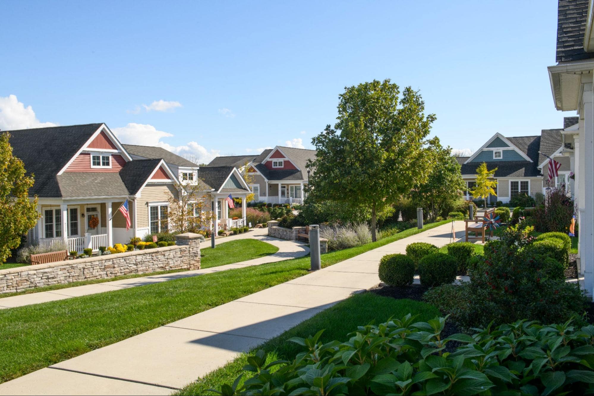 A sunny walking path winds through a landscaped independent living community in PA, lined with trees and cottages.